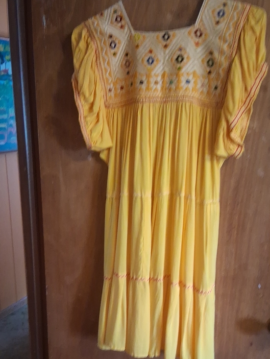 handmade Mexican Dresses & Skirts - Yellow Embroidered Puff-Sleeve Mini Dress